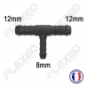 Raccord connecteur T pour tuyau et durite diamètre 12-12-8mm